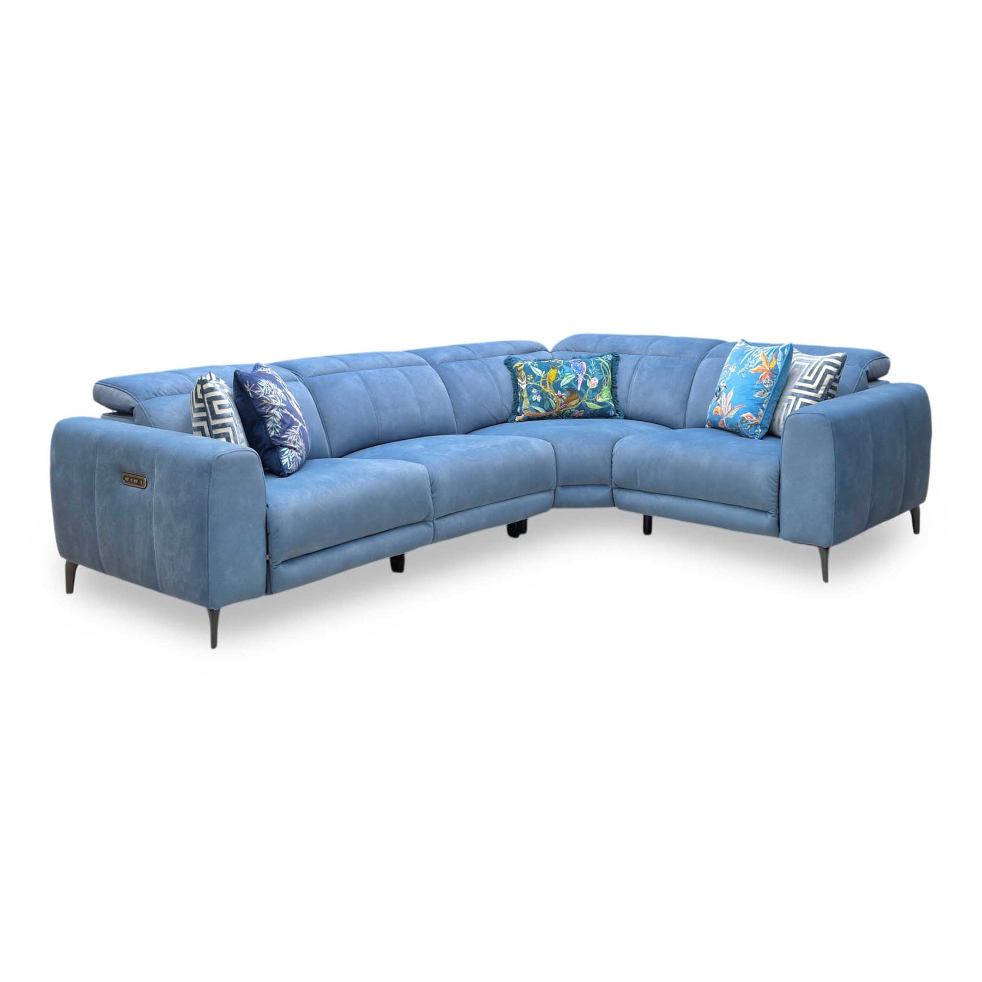 ‘Ezra’ Dexter 43525 Wave Blue Fabric Power Recliner Corner Sofa with Power Headrest Furniture Village