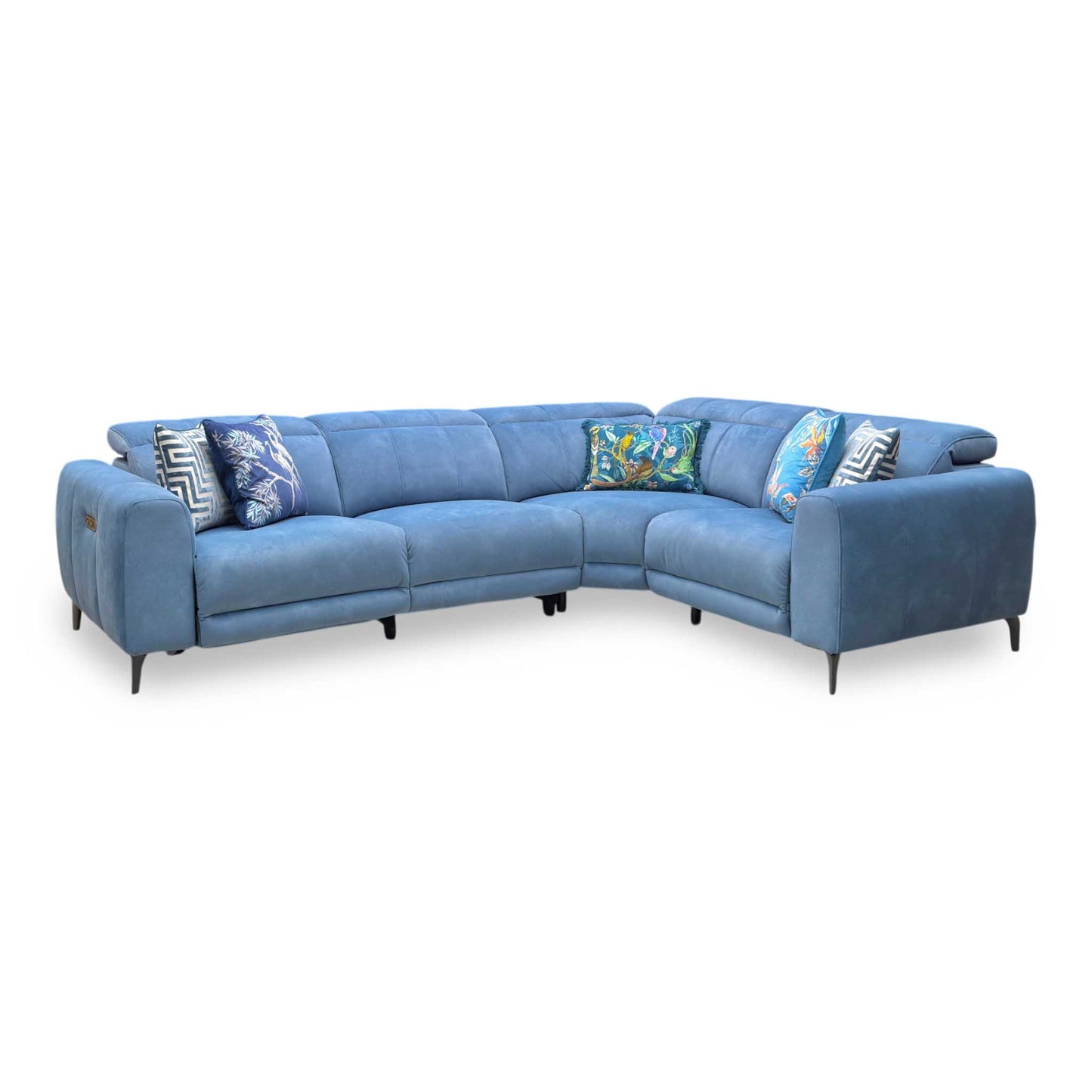 ‘Ezra’ Dexter 43525 Wave Blue Fabric Power Recliner Corner Sofa with Power Headrest Furniture Village