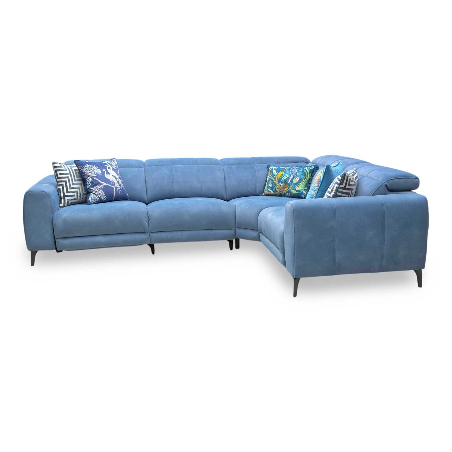 ‘Ezra’ Dexter 43525 Wave Blue Fabric Power Recliner Corner Sofa with Power Headrest Furniture Village