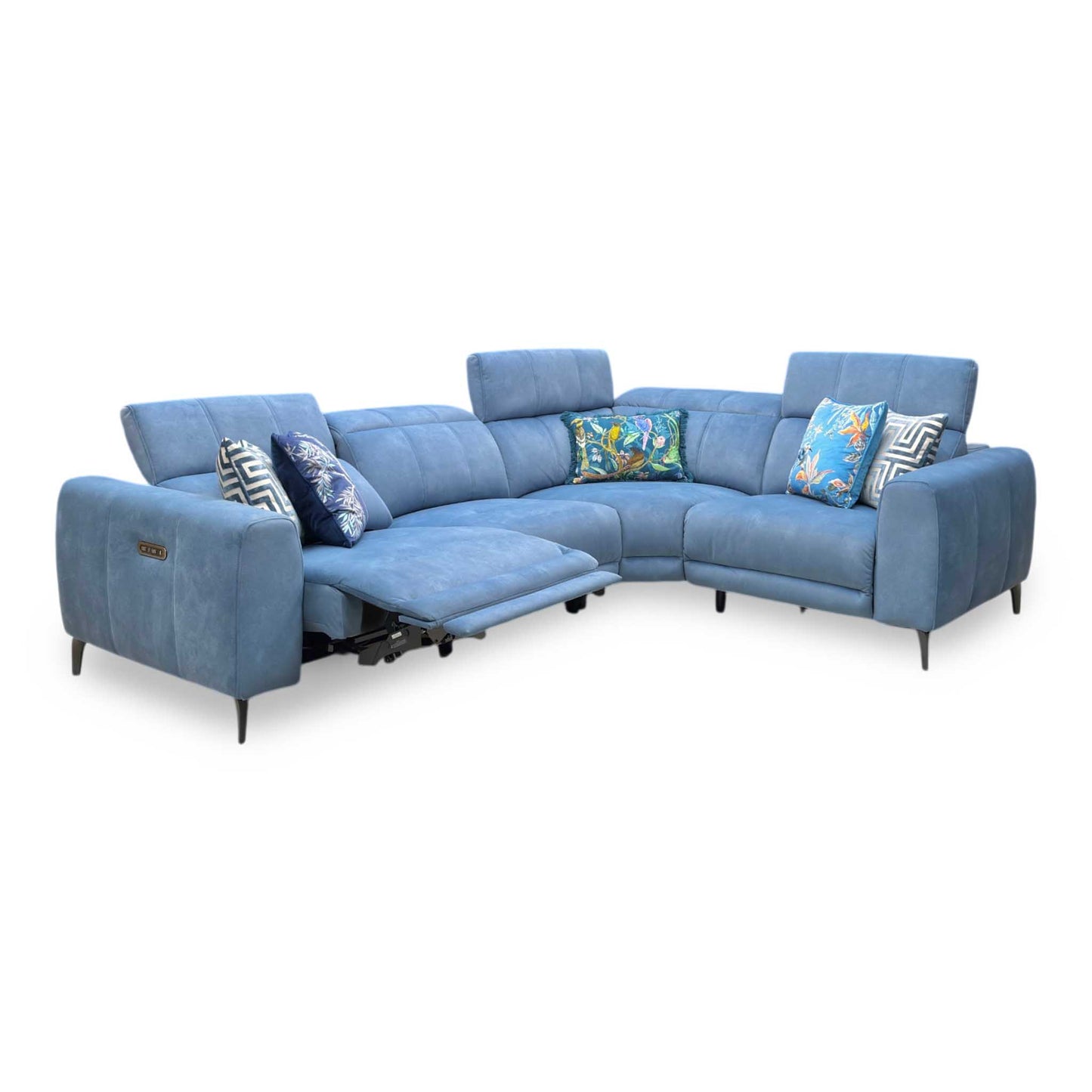 ‘Ezra’ Dexter 43525 Wave Blue Fabric Power Recliner Corner Sofa with Power Headrest Furniture Village