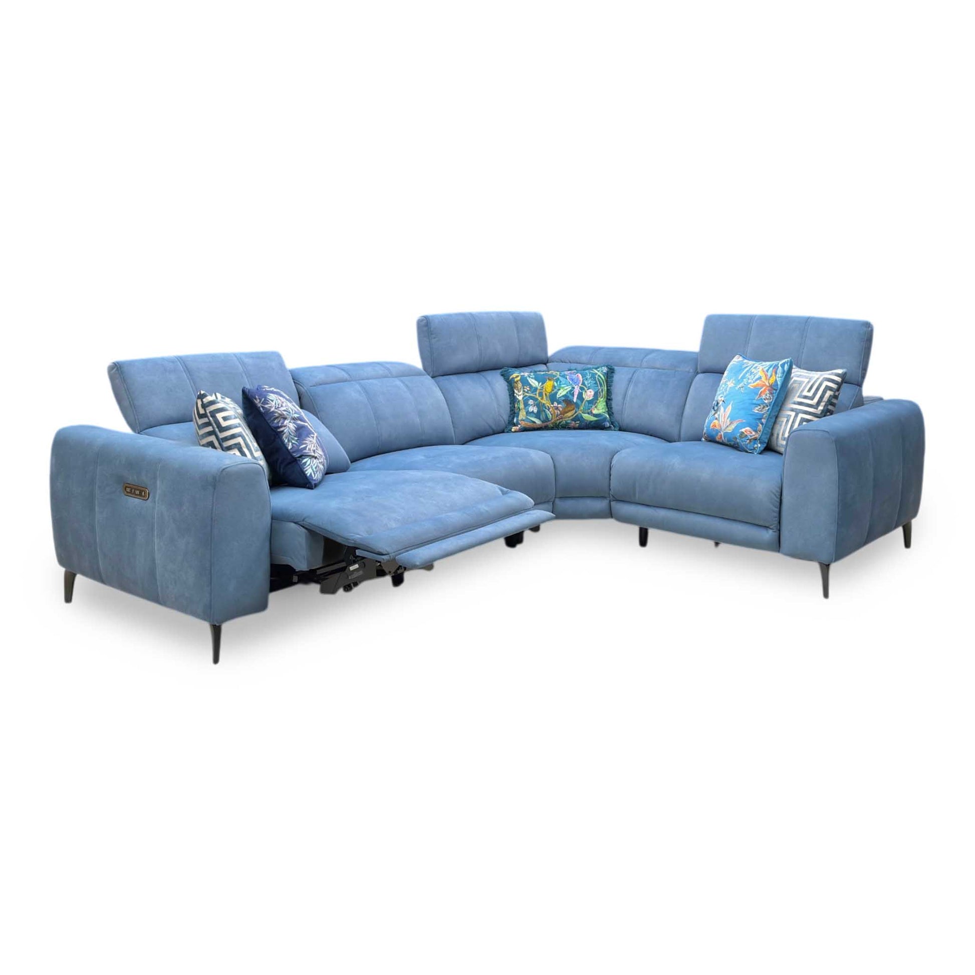 ‘Ezra’ Dexter 43525 Wave Blue Fabric Power Recliner Corner Sofa with Power Headrest Furniture Village