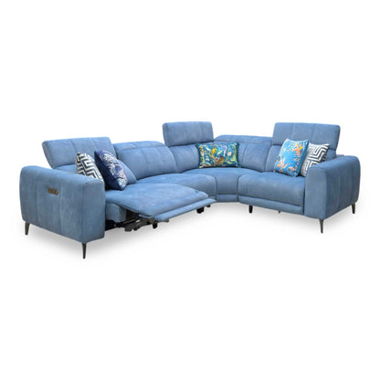 ‘Ezra’ Dexter 43525 Wave Blue Fabric Power Recliner Corner Sofa with Power Headrest Furniture Village