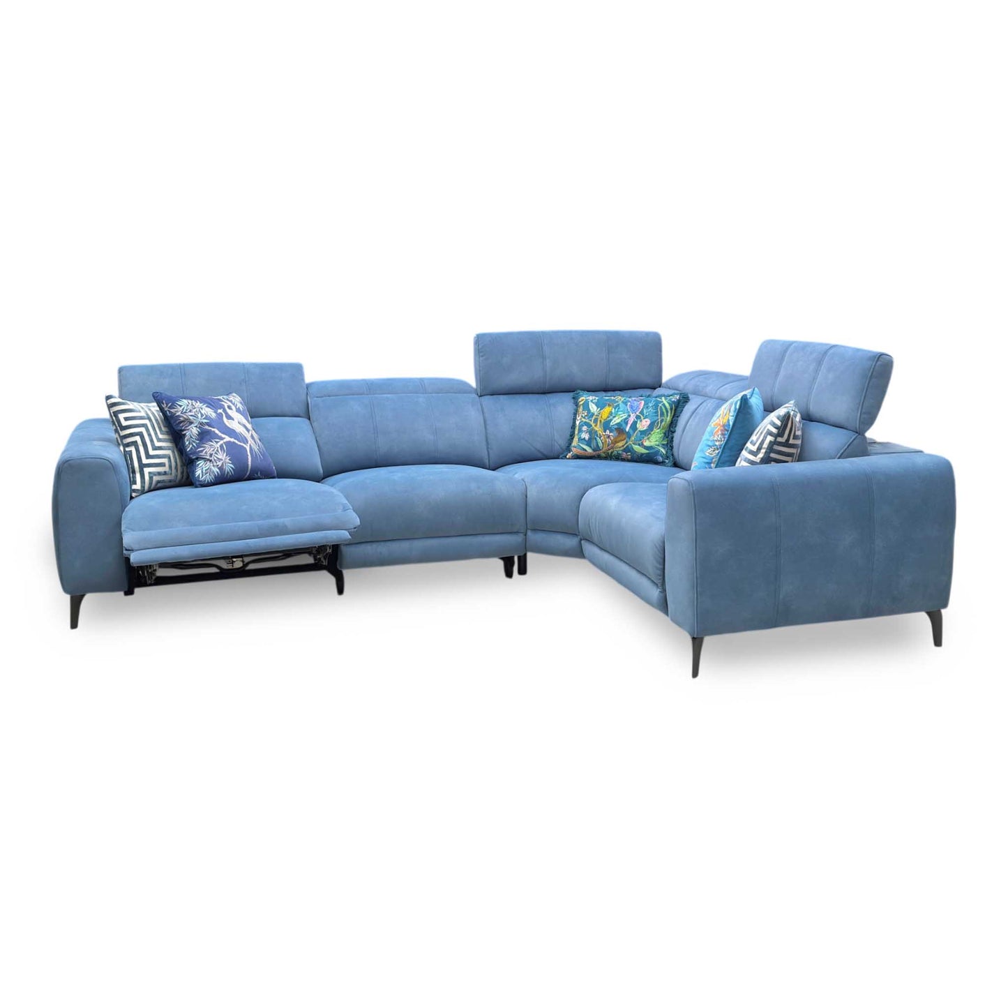 ‘Ezra’ Dexter 43525 Wave Blue Fabric Power Recliner Corner Sofa with Power Headrest Furniture Village