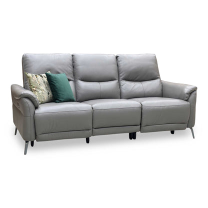 ‘Daytona’ Elephant Grey Cat-40_15 Leather 3 Seater Power Recliner Sofa with Drop Down Cup Holders and Bluetooth Speakers