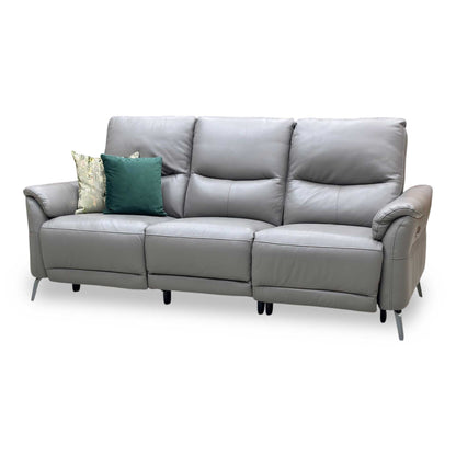 ‘Daytona’ Elephant Grey Cat-40_15 Leather 3 Seater Power Recliner Sofa with Drop Down Cup Holders and Bluetooth Speakers