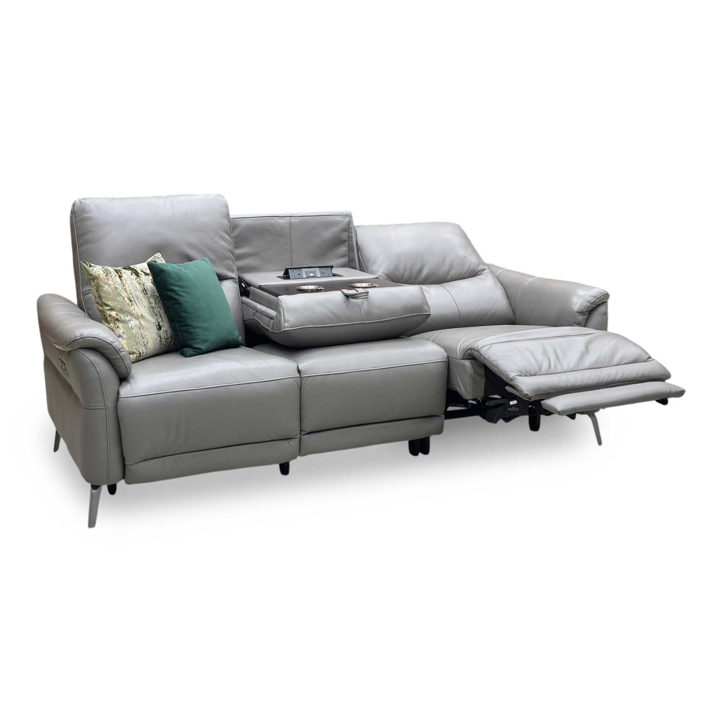 ‘Daytona’ Elephant Grey Cat-40_15 Leather 3 Seater Power Recliner Sofa with Drop Down Cup Holders and Bluetooth Speakers