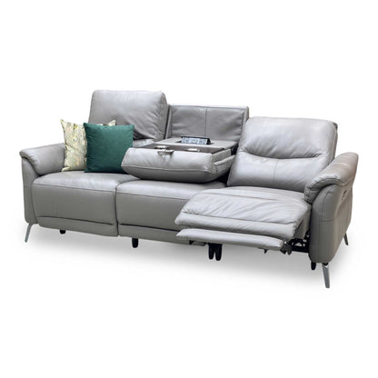 ‘Daytona’ Elephant Grey Cat-40_15 Leather 3 Seater Power Recliner Sofa with Drop Down Cup Holders and Bluetooth Speakers