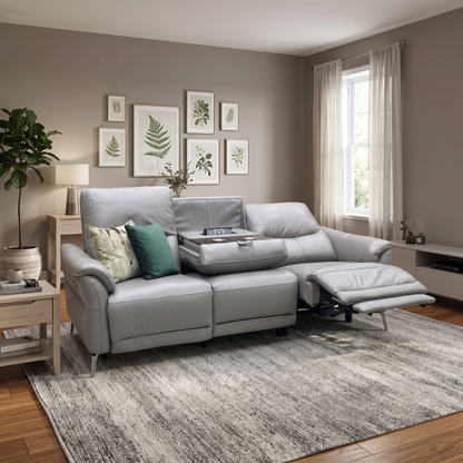 ‘Daytona’ Elephant Grey Cat-40_15 Leather 3 Seater Power Recliner Sofa with Drop Down Cup Holders and Bluetooth Speakers