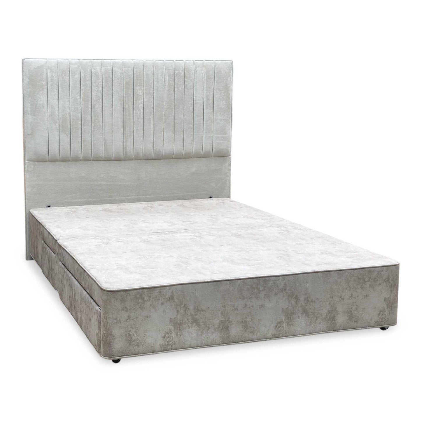 ‘Clancy’ Milan Stone Grey Fabric Floor Standing Headboard + 4 Draw Sprung Divan Base