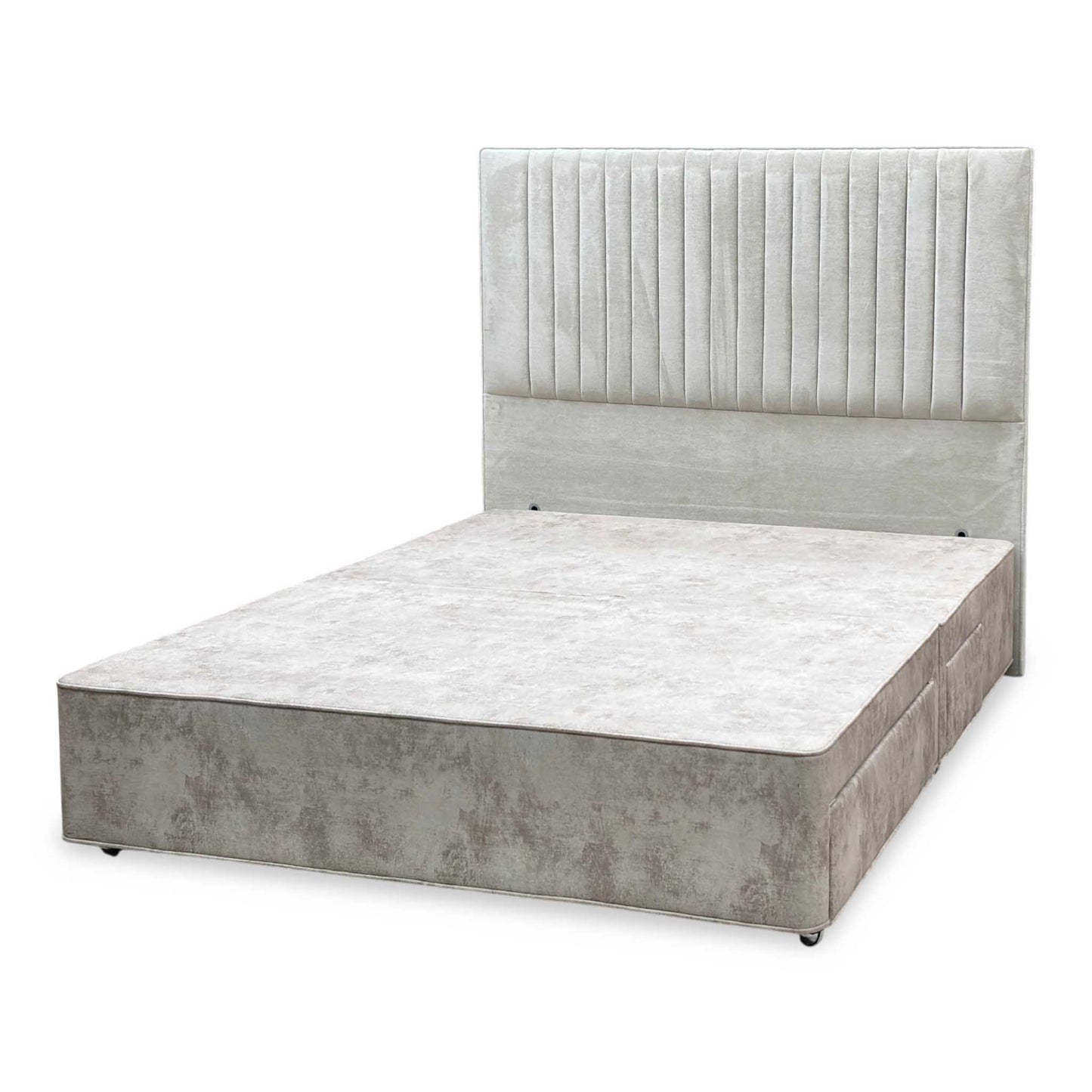 ‘Clancy’ Milan Stone Grey Fabric Floor Standing Headboard + 4 Draw Sprung Divan Base