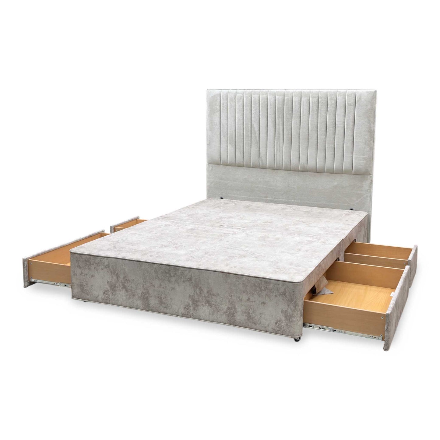 ‘Clancy’ Milan Stone Grey Fabric Floor Standing Headboard + 4 Draw Sprung Divan Base