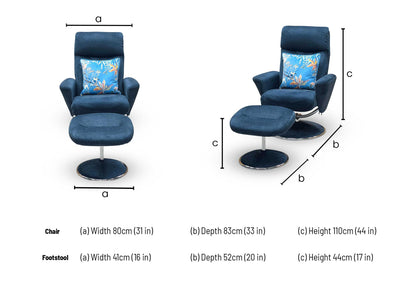 ‘Nice’ Deep Sea Blue Fabric Swivel Recliner Chair and Footstool