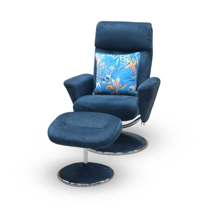 ‘Nice’ Deep Sea Blue Fabric Swivel Recliner Chair and Footstool