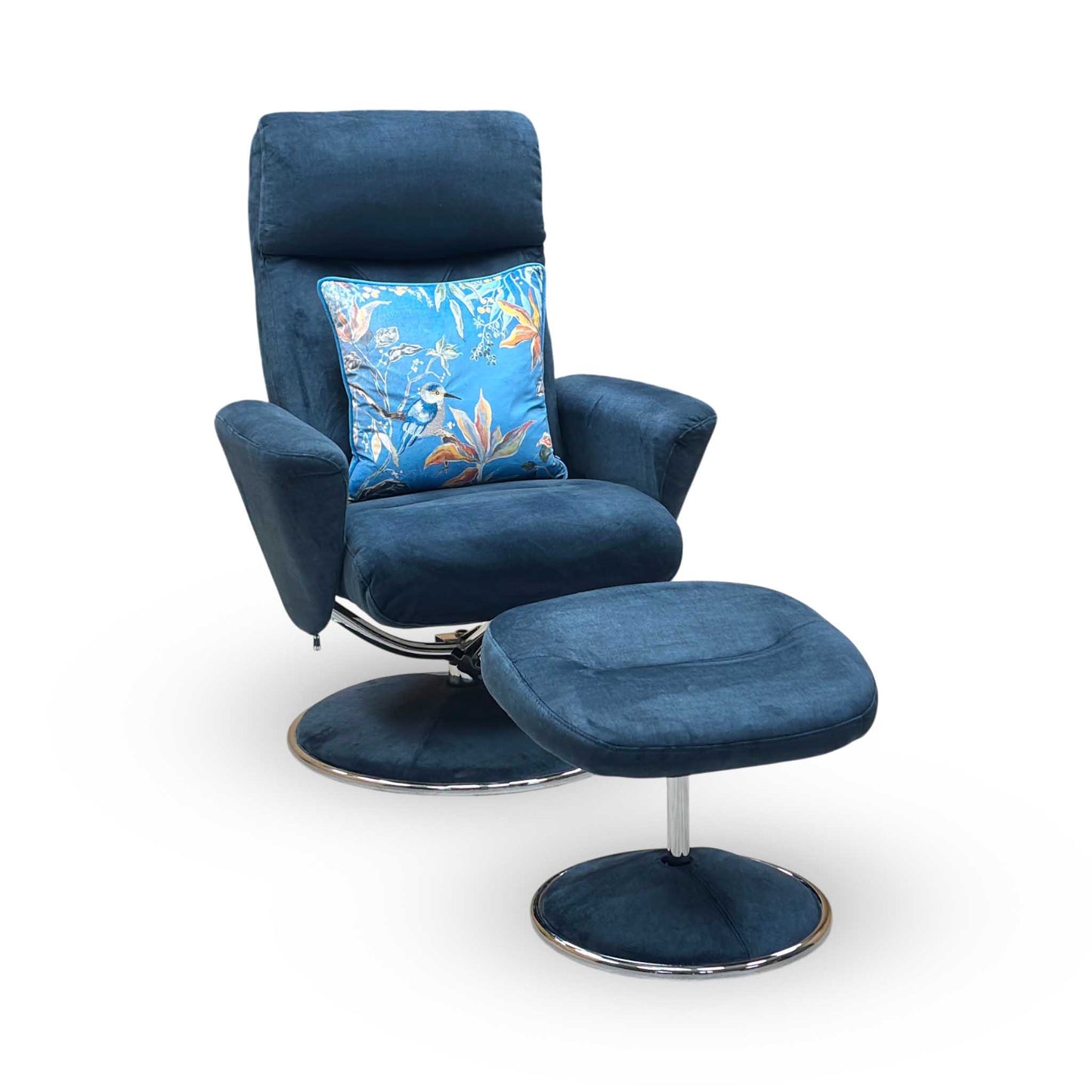 ‘Nice’ Deep Sea Blue Fabric Swivel Recliner Chair and Footstool