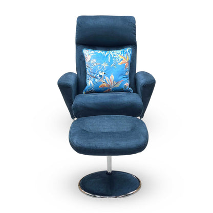 ‘Nice’ Deep Sea Blue Fabric Swivel Recliner Chair and Footstool