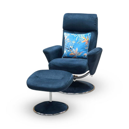 ‘Nice’ Deep Sea Blue Fabric Swivel Recliner Chair and Footstool