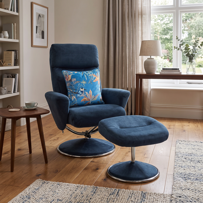 ‘Nice’ Deep Sea Blue Fabric Swivel Recliner Chair and Footstool
