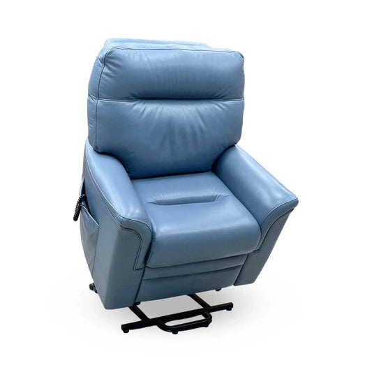Full View ‘G Plan Malvern L857’ contemporary small rise and recliner armchair, beautifully upholstered in high-grade Cambridge Sky Blue leather featuring integrated electronic tilt-and-lift assistance mechanisms.
