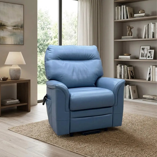 Styled upscale contemporary living room lifestyle layout featuring the G Plan Malvern Cambridge Sky Blue leather small rise and recliner chair arranged as a sophisticated, comfortable personal wellness zone.