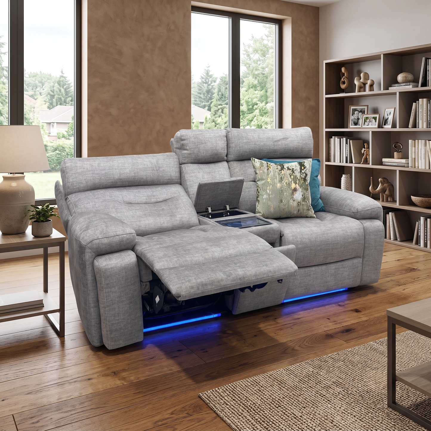 ‘Cinemax’ Giula Taupe Gl-0105 Fabric 2 Seater Media Console Power Recliner Sofa with Power Headrests