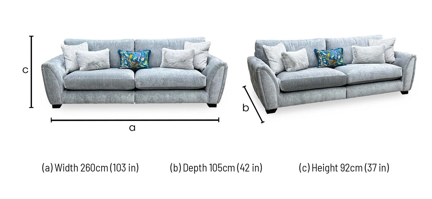 ‘Aphrodite’ California Mist Grey Dw Ft Fabric 4 Seater Split Frame Sofa