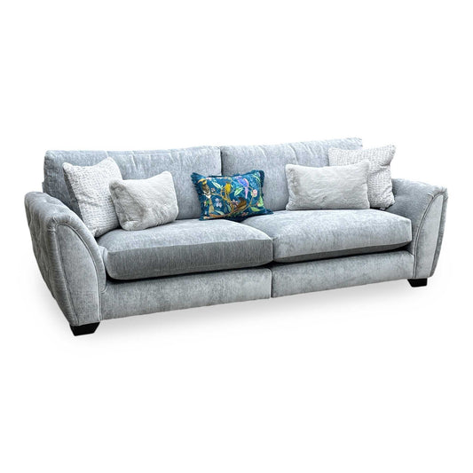 Full View ‘Aphrodite’ contemporary grand 4-seater sofa with a practical split-frame design, beautifully upholstered in high-grade California Mist Grey fabric.