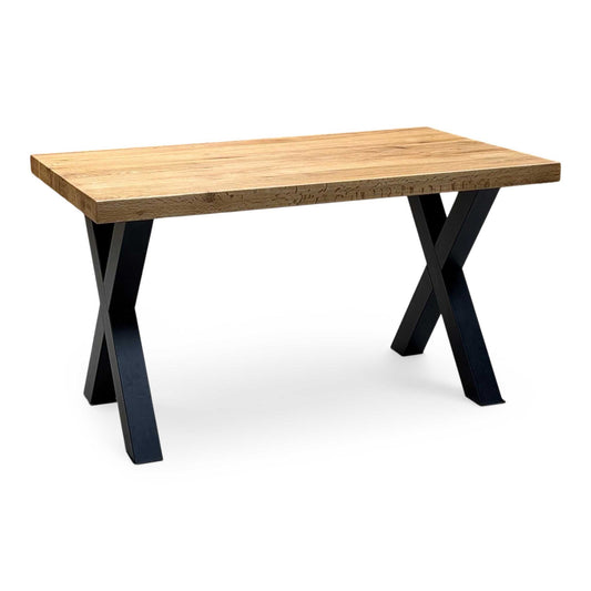 Full View ‘Bodahl Terra’ contemporary 140cm dining table, featuring a Terra 1 Oiled solid European oak tabletop with a clean straight-edge profile set upon bold, architectural black metal X-shaped legs.