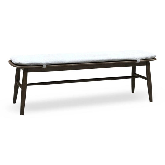 Full View ‘Stockholm’ contemporary 150cm dining bench, featuring a rich dark oak solid wood base paired with a tailored, comfortable grey upholstered bench seat pad.