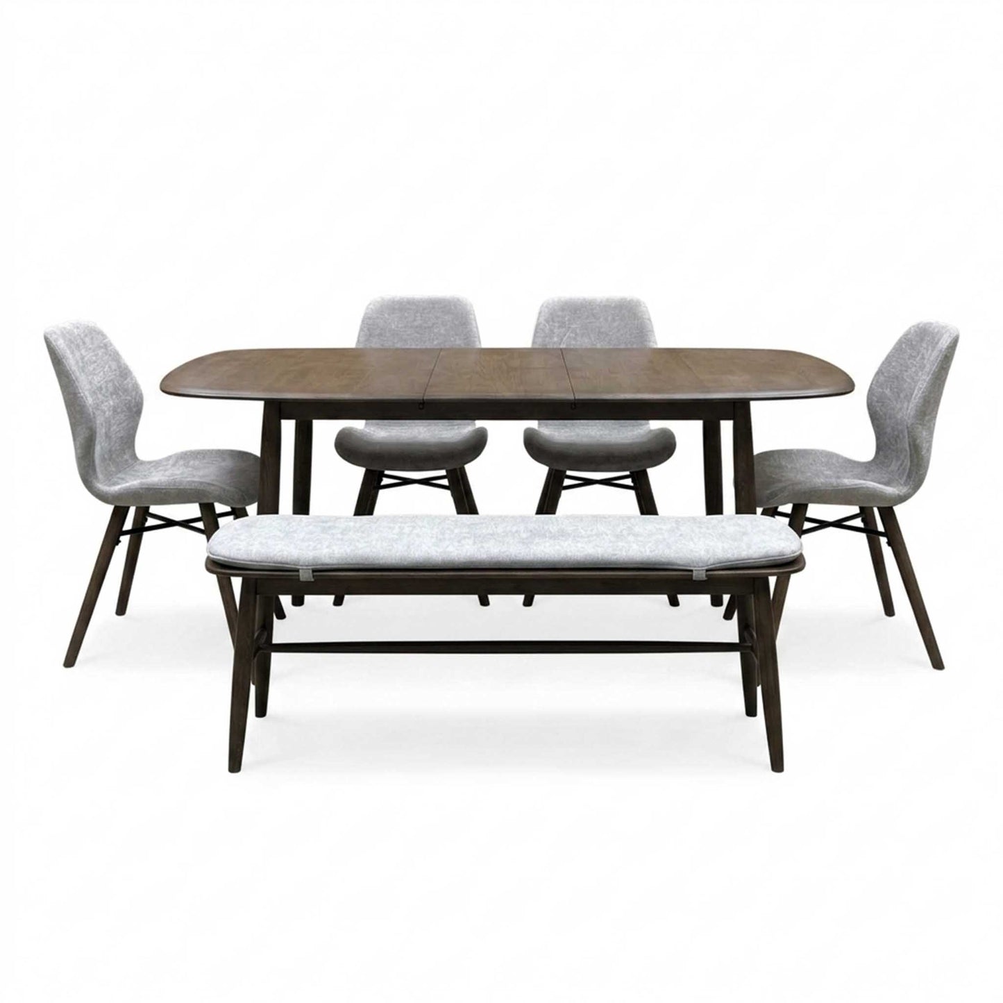 ‘Stockholm' Dark Oak Large Extending Dining Table with 4 Grey Upholstered Dining Chairs and 150cm Dining Bench + Grey Bench Pad Furniture Village