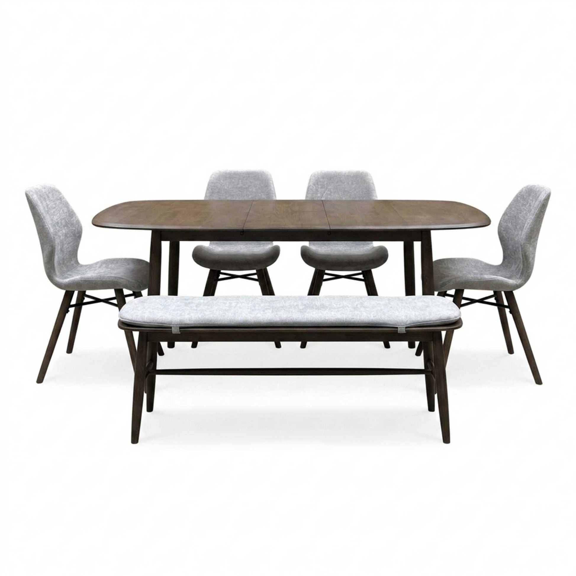 ‘Stockholm' Dark Oak Large Extending Dining Table with 4 Grey Upholstered Dining Chairs and 150cm Dining Bench + Grey Bench Pad Furniture Village