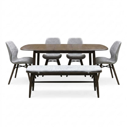 ‘Stockholm' Dark Oak Large Extending Dining Table with 4 Grey Upholstered Dining Chairs and 150cm Dining Bench + Grey Bench Pad Furniture Village
