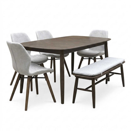 ‘Stockholm' Dark Oak Large Extending Dining Table with 4 Grey Upholstered Dining Chairs and 150cm Dining Bench + Grey Bench Pad Furniture Village