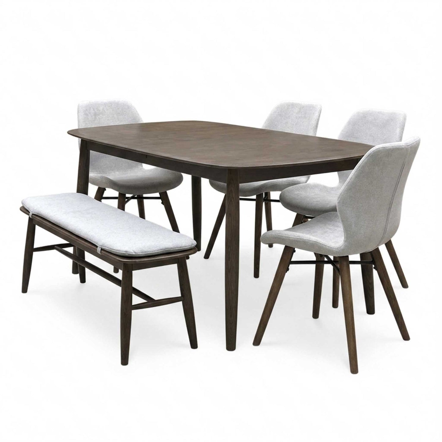 ‘Stockholm' Dark Oak Large Extending Dining Table with 4 Grey Upholstered Dining Chairs and 150cm Dining Bench + Grey Bench Pad Furniture Village