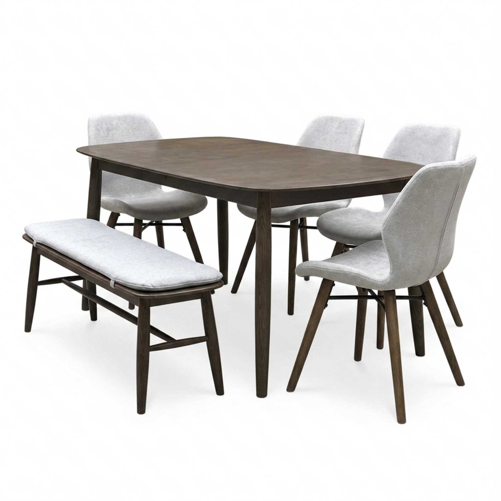 ‘Stockholm' Dark Oak Large Extending Dining Table with 4 Grey Upholstered Dining Chairs and 150cm Dining Bench + Grey Bench Pad Furniture Village