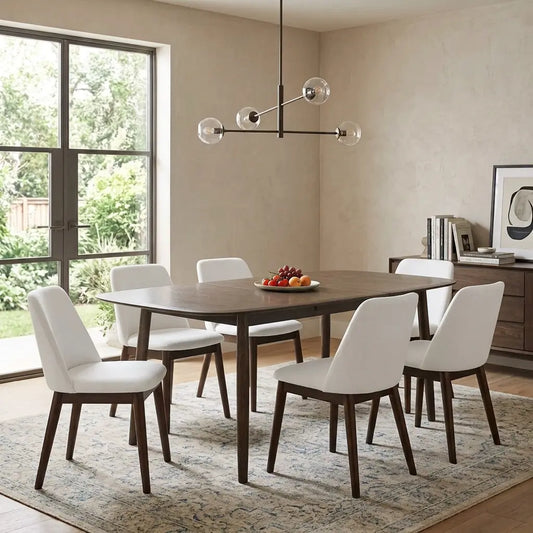 Styled upscale contemporary dining room lifestyle layout featuring the Stockholm dark oak large extending table arranged beautifully alongside a matching dining bench and chairs.