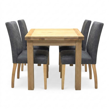 Furnitureland 'Augusta' Solid Oak Draw Leaf Extending Dining table with ‘Augusta’ Grey Cowboy Upholstered Dining Chair - Set of 4 Furniture Village