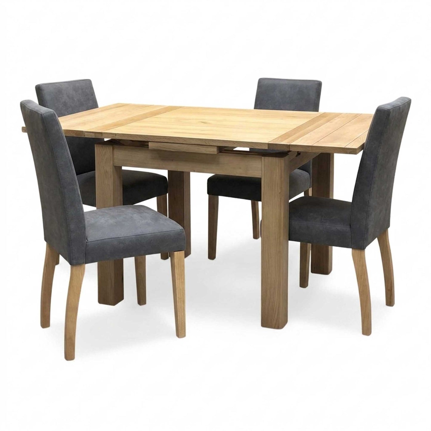Furnitureland 'Augusta' Solid Oak Draw Leaf Extending Dining table with ‘Augusta’ Grey Cowboy Upholstered Dining Chair - Set of 4 Furniture Village