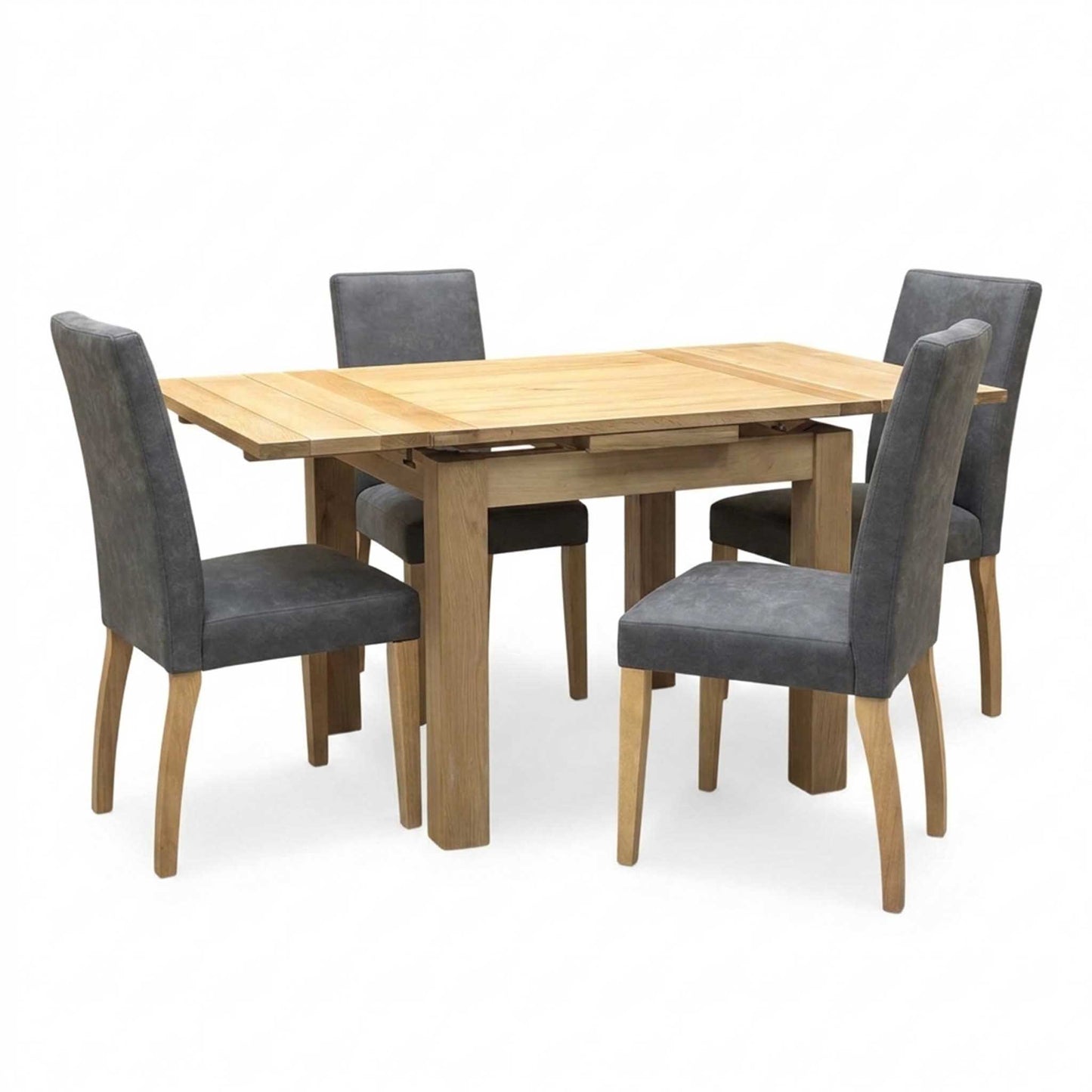 Furnitureland 'Augusta' Solid Oak Draw Leaf Extending Dining table with ‘Augusta’ Grey Cowboy Upholstered Dining Chair - Set of 4 Furniture Village