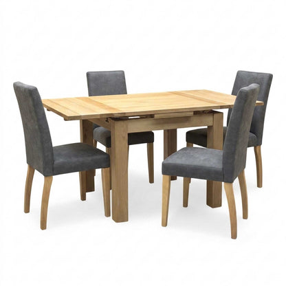 Furnitureland 'Augusta' Solid Oak Draw Leaf Extending Dining table with ‘Augusta’ Grey Cowboy Upholstered Dining Chair - Set of 4 Furniture Village