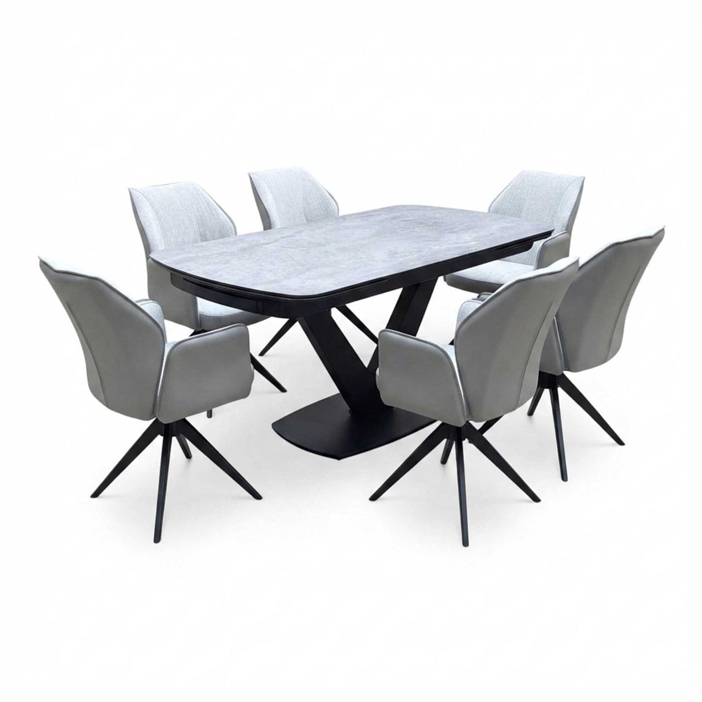'Julio’ Silver Ceramic Top 160cm Draw Leaf Extending Dining Table with 06 Stone Grey Fabric Dining Arm Chairs Furniture Village