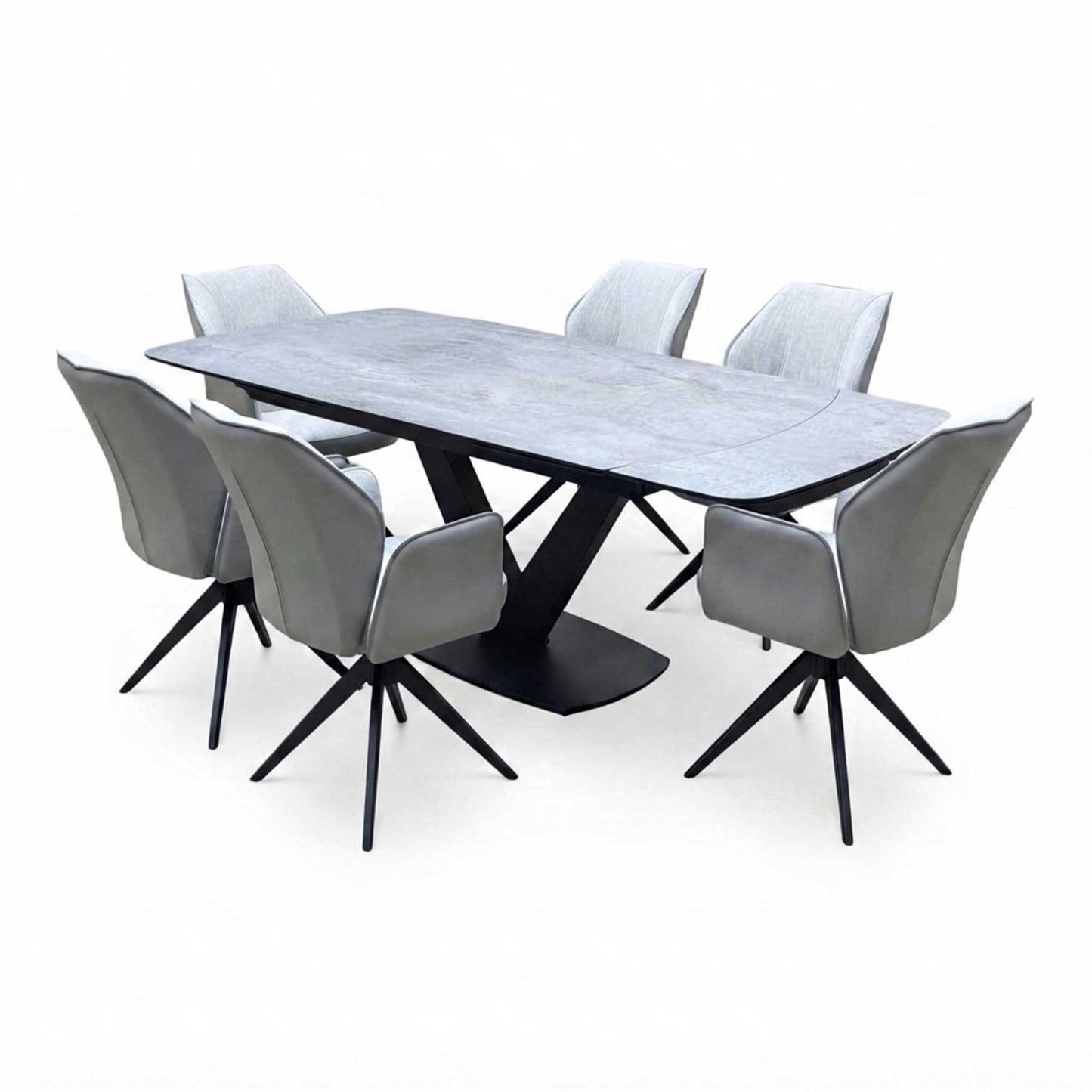 'Julio’ Silver Ceramic Top 160cm Draw Leaf Extending Dining Table with 06 Stone Grey Fabric Dining Arm Chairs Furniture Village