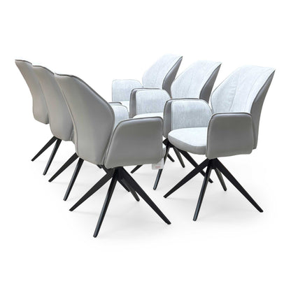'Julio’ Silver Ceramic Top 160cm Draw Leaf Extending Dining Table with 06 Stone Grey Fabric Dining Arm Chairs Furniture Village