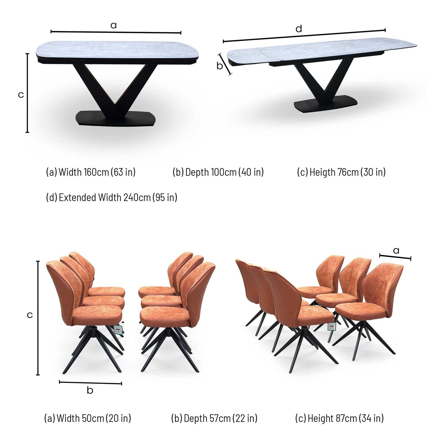 'Julio' Silver Ceramic Top 160cm Draw Leaf Extending Dining Table with Terracotta Orange Fabric Set of 6 Swivel Dining Chairs