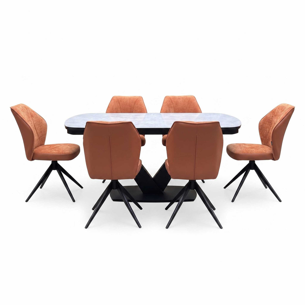 'Julio' Silver Ceramic Top 160cm Draw Leaf Extending Dining Table with Terracotta Orange Fabric Set of 6 Swivel Dining Chairs