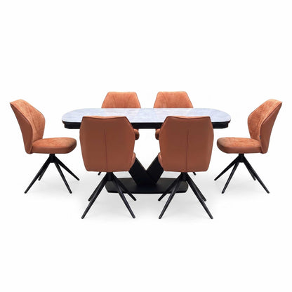 'Julio' Silver Ceramic Top 160cm Draw Leaf Extending Dining Table with Terracotta Orange Fabric Set of 6 Swivel Dining Chairs