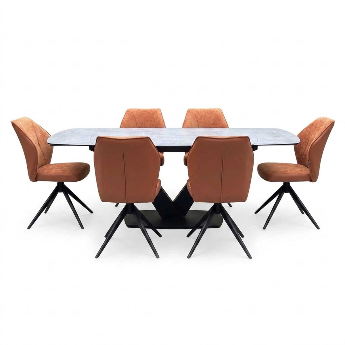 'Julio' Silver Ceramic Top 160cm Draw Leaf Extending Dining Table with Terracotta Orange Fabric Set of 6 Swivel Dining Chairs