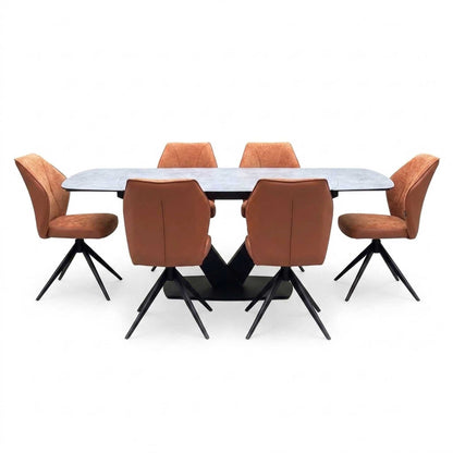'Julio' Silver Ceramic Top 160cm Draw Leaf Extending Dining Table with Terracotta Orange Fabric Set of 6 Swivel Dining Chairs
