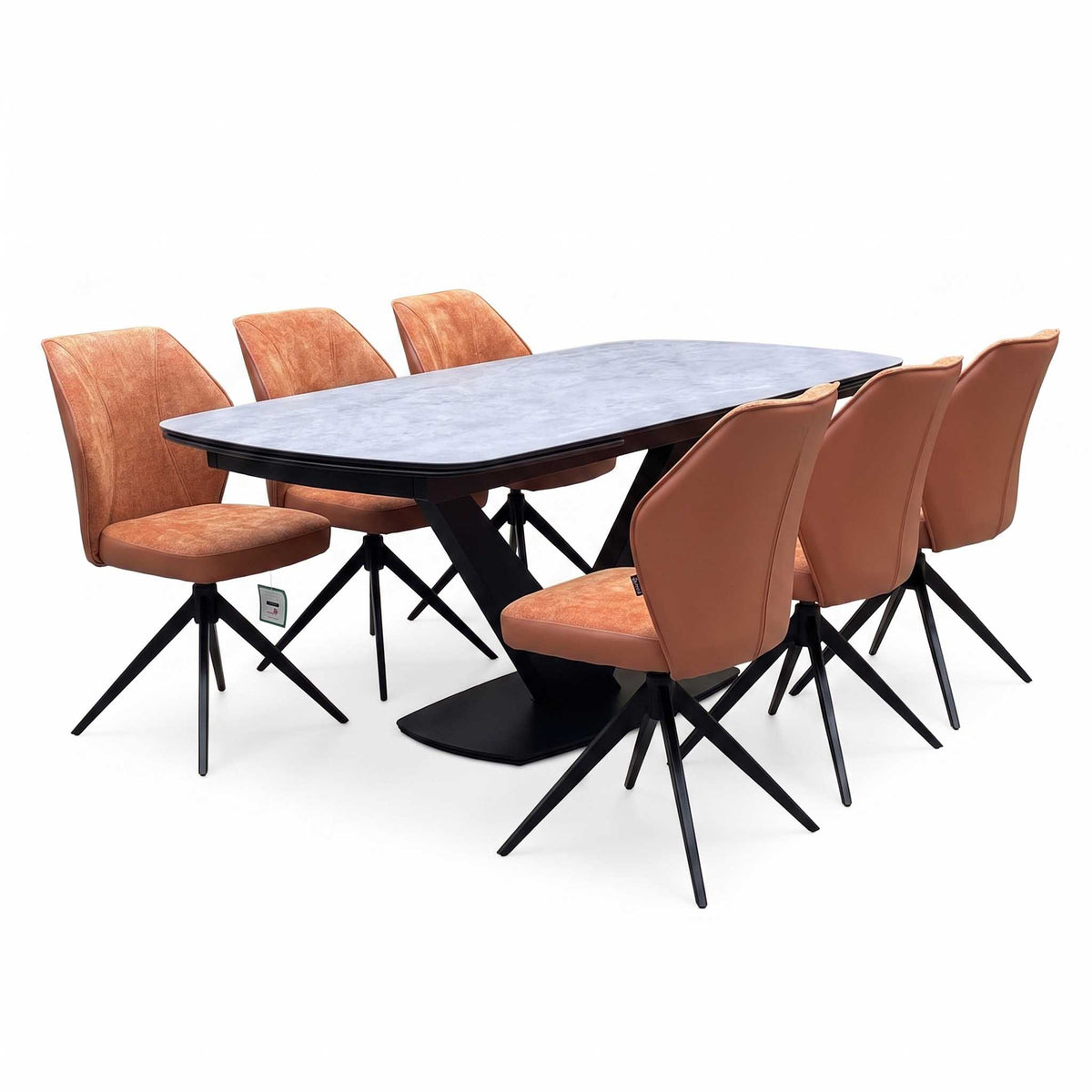 'Julio' Silver Ceramic Top 160cm Draw Leaf Extending Dining Table with Terracotta Orange Fabric Set of 6 Swivel Dining Chairs
