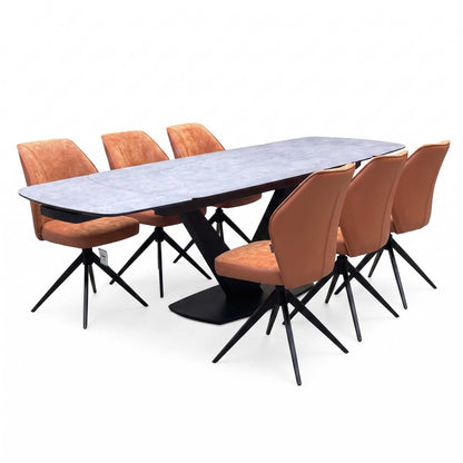 'Julio' Silver Ceramic Top 160cm Draw Leaf Extending Dining Table with Terracotta Orange Fabric Set of 6 Swivel Dining Chairs