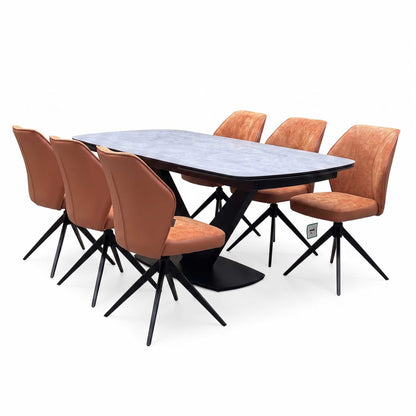 'Julio' Silver Ceramic Top 160cm Draw Leaf Extending Dining Table with Terracotta Orange Fabric Set of 6 Swivel Dining Chairs